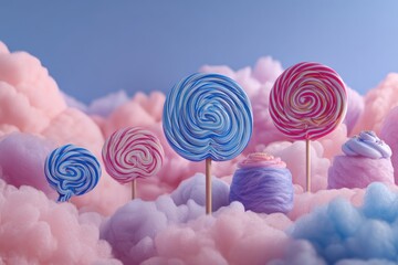 Colorful lollipops on fluffy clouds