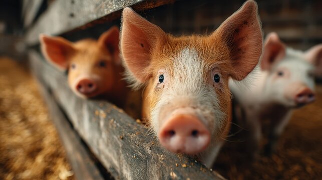 Curious pigs exploring a rustic farm environment while waiting for food during a sunny afternoon