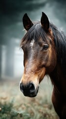 Obraz premium Majestic brown horse gazes through misty forest landscape during tranquil morning hours