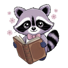 Cute raccoon character reading a book surrounded by flowers in a colorful and whimsical illustration