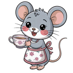 Cute mouse in an apron happily holding a cup, with a cheerful expression and floral details