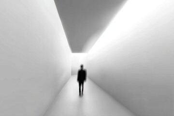 Obraz premium Blurred figure in a bright, narrow hallway with stark white walls and a luminous ceiling, creating an abstract and minimalist atmosphere