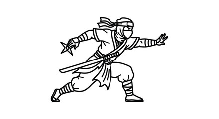 Black and white line art illustration of a ninja warrior in a dynamic combat pose with a shuriken.