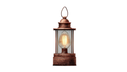 Copper Lantern with Glowing Light Bulb on Transparent Background