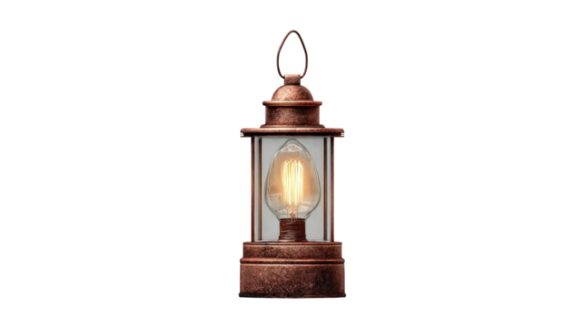 Copper Lantern with Glowing Light Bulb on Transparent Background