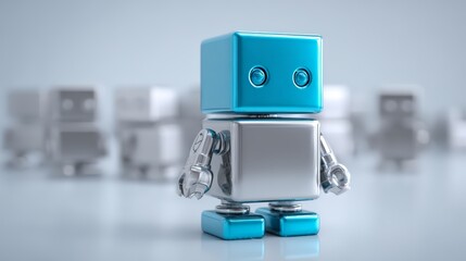 Miniature cube robot used in marketing for tech companies, articles on AI, and business presentations about automation or digital strategy.