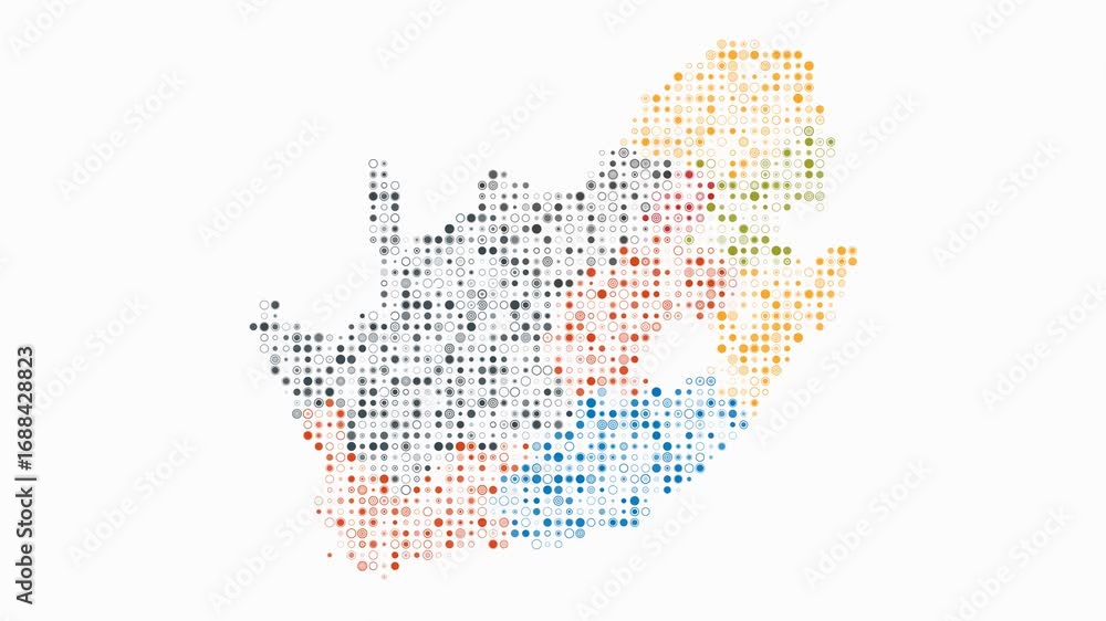 Poster south africa animation. shape of the country with pulsating colored dots. small size circle blocks. 