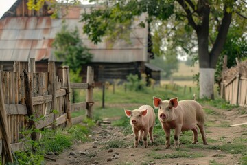 Ultra Quality Picture of Pigs in a Yard with a Fence and a House in the Background