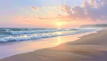 Obraz premium A tranquil beach scene at sunset, showcasing gentle waves lapping at the shore, with soft pastel colors and a serene ambiance.