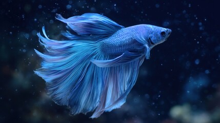 Fototapeta premium This vibrant betta fish glides through a tranquil underwater setting, showcasing its flowing fins and striking hues. Soft lighting enhances its beauty among aquatic surroundings.