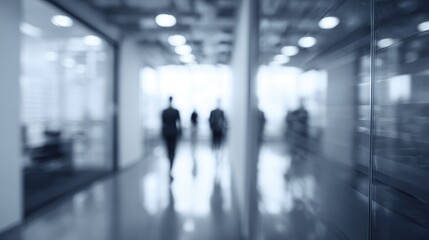 Blurred figures walk a long corridor. Glass office dividers and ceiling lights reflect on the polished floor in shades of blue and gray