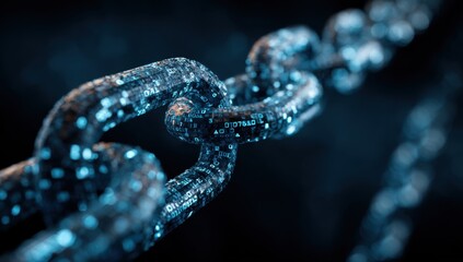 Close-up of a chain link, textured with digital data points.  Dark background