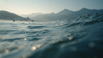 Ocean waves, surfers, mountains, sunrise