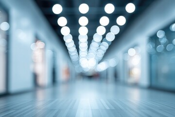 Blurred interior view of a shopping mall corridor, with lights forming a soft, bokeh effect. The floor reflects the lights. Cool blue tone dominates