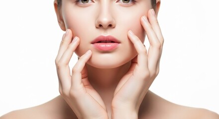 Fototapeta premium Flawless Beauty: Close-Up of Woman's Face with Gentle Hand Touch, Isolated on White