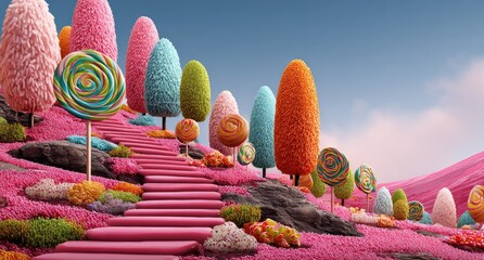 Candy-colored landscape with pink stairs and lollipop trees