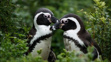 Obraz premium Two penguins engage in a gentle interaction amidst vibrant greenery, exhibiting signs of affection. This moment captures the charm of their natural behavior in a serene environment.