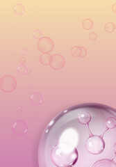 pink water drops, pink soap bubble, pink bubble background, Collagen Bubble. Realistic cosmetic serum drop Texture of liquid drops serum gel or collagen skin care