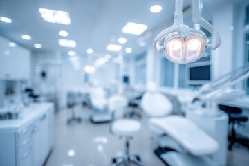 Blurred image of a clean, modern dental clinic interior with equipment and chairs visible. Soft blue tones enhance the clinical atmosphere