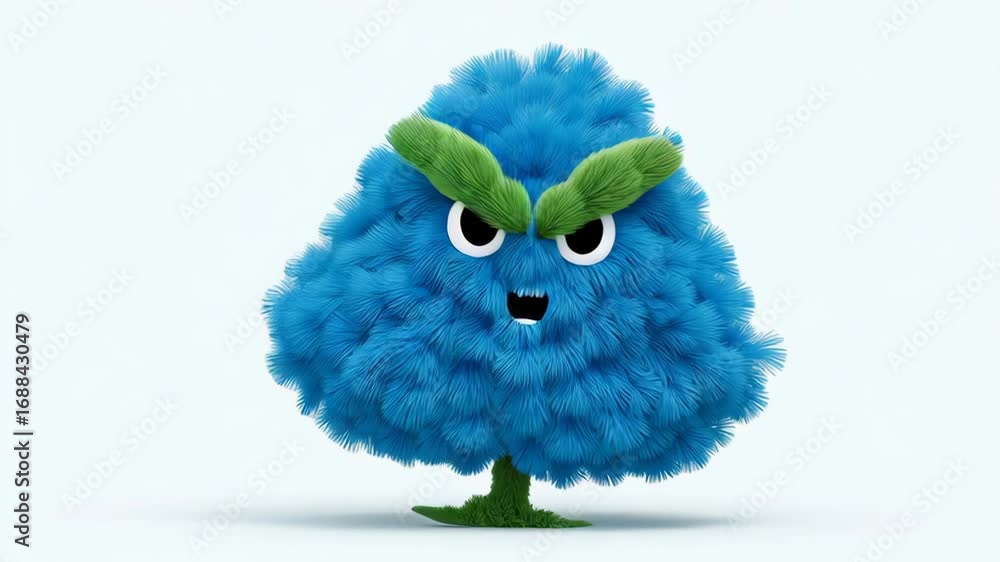 Poster blue fluffy character with green eyebrows transitions from an angry expression to a playful smile, s