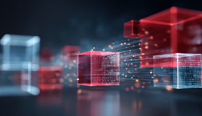 Abstract digital cubes in motion.  Red and white translucent cubes with glowing lines and particles.  Dark background