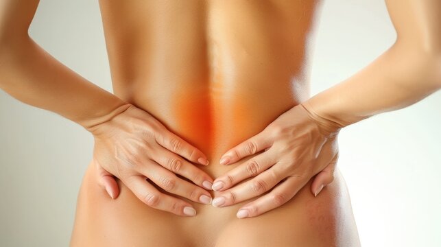 A person demonstrates back pain relief techniques focusing on lower back discomfort. The individual seems to be addressing tension or strain while seated in a calm environment.