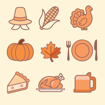 This set of nine simple, flat icons features Thanksgiving symbols in a warm, inviting orange and beige color palette.