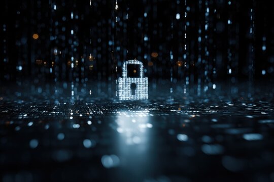 Digital padlock icon amidst a rain of data