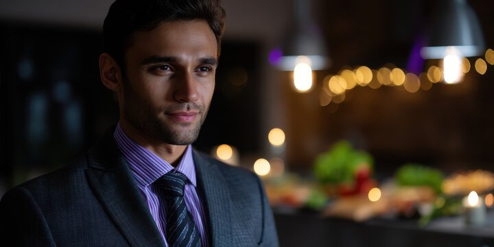 Formal young man poses confidently in a darkly lit setting with festive decorations and food in the background during evening time