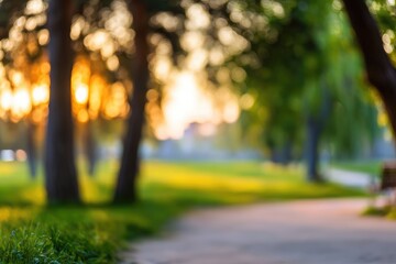 Soft-focus image of a park path winding through trees, bathed in warm light. The scene exudes tranquility and serenity, with nature's beauty on display