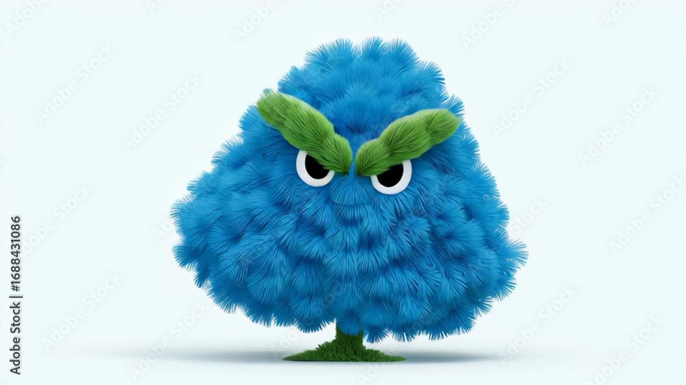 Aufkleber animated fluffy blue character with green eyebrows transitions from an angry expression to a playful