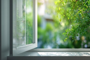 Sunlit greenery glimpsed through an open white window, casting a soft light, blurring background foliage, and hinting at the peaceful outdoors
