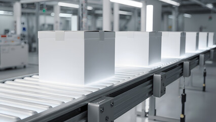 Blank product boxes on a futuristic conveyor belt