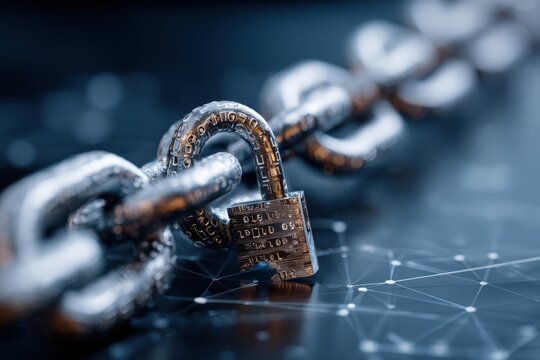 Close-up of a heavy metal chain with a padlock partially open.  The chain links are detailed, and the padlock shows numbers and symbols. A network of connecting lines is visible in the background