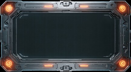 A dark grey, rectangular panel with a metallic frame, featuring orange glowing lights at the corners and along the edges, suggesting a futuristic or technological interface