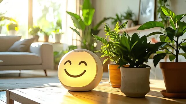 Cozy Home Scene Smiling Lamp, Lush Plants, and Serene Interior Sunlight