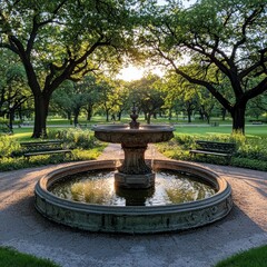 Serene Park Fountain at Sunset.
