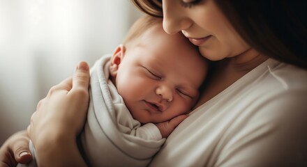 A Tender Embrace A Mother's Love for Her Sleeping Newborn Baby,  copy space