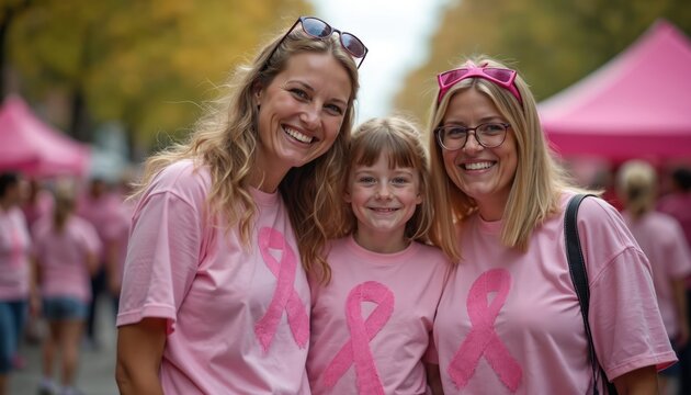 Happy family participates in breast cancer awareness event. Smiling mother, daughter, and another woman wear pink shirts with ribbon symbols. They stand together outdoors supporting cause.