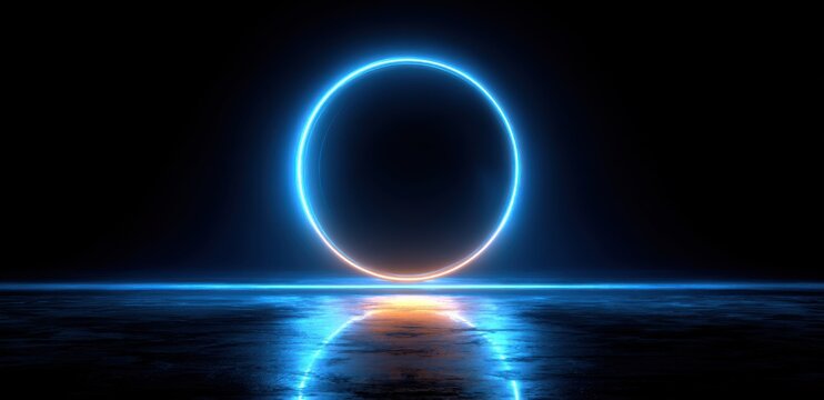 Neon ring portal over reflective surface