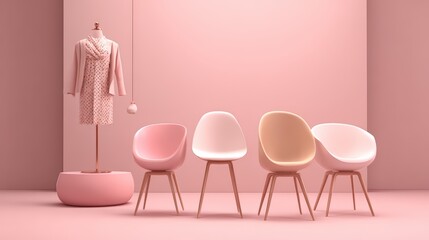 A minimalist room with a mannequin showing apparel and chairs conveys a sense of elegance, style, simplicity, or luxury in advertising and social media posts.