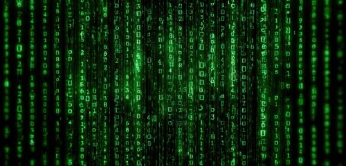Digital code streams in vibrant green, cascading down a dark background