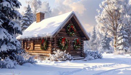 A charming log cabin adorned with festive wreaths stands in a snowy forest, bathed in the soft glow of winter sunlight.