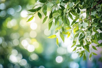 Bokeh-filled image showcasing green leaves with gentle sunlight. A dreamy, ethereal quality is produced by the out-of-focus background lights