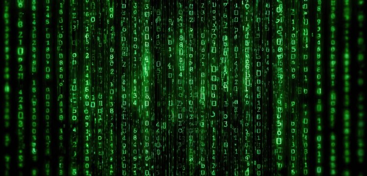 Digital code streams in vibrant green, cascading down a dark background