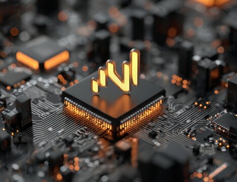 Close-up of a central processing unit (CPU) on a circuit board, highlighted by glowing orange accents.  A stylized upward-trending graph icon is centered on the CPU