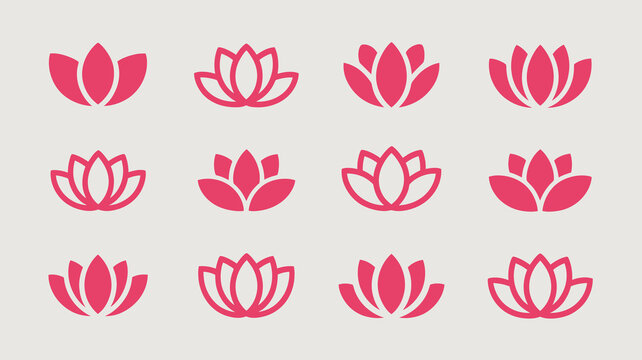 Elegant pink lotus flower icons collection symbolizing peace, purity, and enlightenment for wellness branding and design projects.