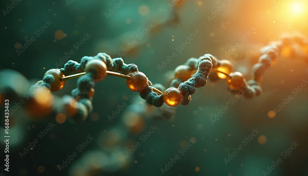 Poster abstract 3d render of dna strand with glowing particles, bokeh effects. macro view of double helix s