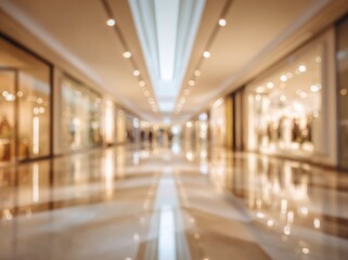 Blurred indoor shopping mall hallway, featuring shiny marble floors and windowed storefronts, illuminated by soft, warm lighting