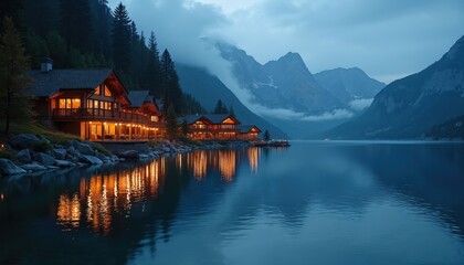 Fototapeta premium Lakeside chalets illuminated at dusk with calm water reflections. Wooden architecture in Swiss style offers serene mountain views. Peaceful evening ambiance for vacation or resort stays.